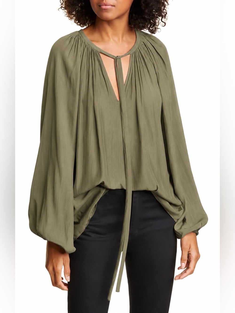 Ramy Brook Paris Poet Blouse Size Small Green 100% Silk Balloon Sleeve Tie Neck